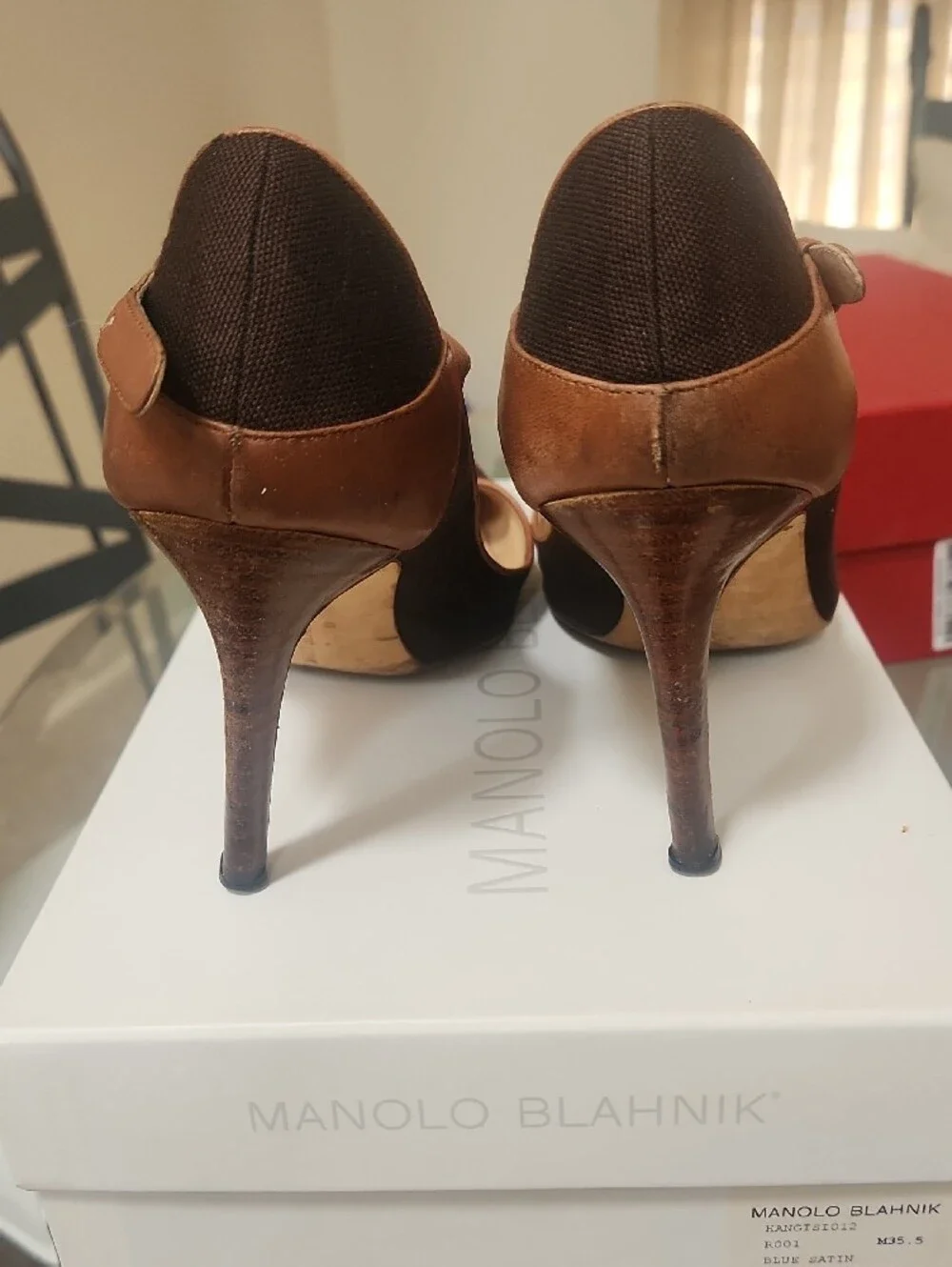 Manolo Blahnik Dark Brown Woven Mesh Trimmed With Leather. 31/2